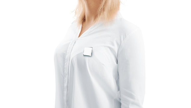 Blank White Square Silver Lapel Badge Mockup On Woman Chest Side View. Empty Hard Enamel Pin Mockup Wear On Shirt. Metal Clasp-pin Design Template. Expensive Brooch For Logo Presentation