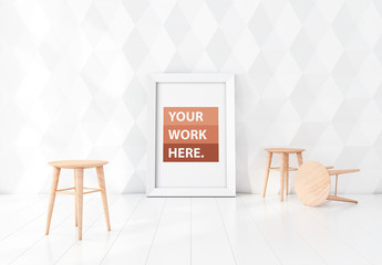 White Framed Poster with Wooden Chairs Mockup