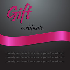 Vector gift card design template with silky pink ribbon. Vector flyer or banner design template with silky ribbon