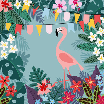 Summer greeting card, invitation, invitations with hand drawn palm leaves, flowers, flamingo bird and party flags. Tropic jungle design. Vector illustration background.