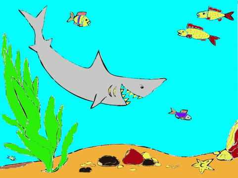 Underwater world with a shark and fish pattern