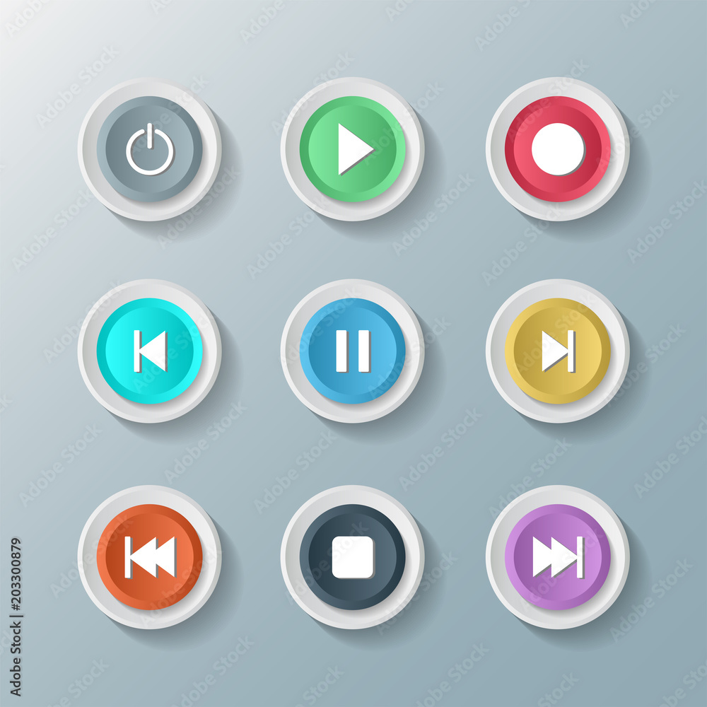 Poster symbol icon set media player control white round buttons. vector illustrator