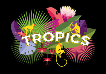 Print with tropical plants and monkeys with the word "Tropics". Background for textile, manufacturing, book covers, wallpapers, t-shirt or gift wrap.