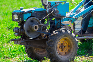 Motoblock plows soil in the farm summer