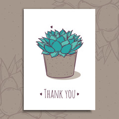 Decoration plant succulent polyphilla. Greeting post card thank you text. Vector illustration.