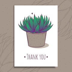 Decoration plant succulent astroloba tenax. Greeting post card thank you text. Vector illustration.