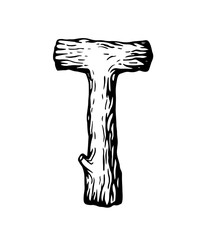Black engraving Letter T made of wood with leaves on the white background