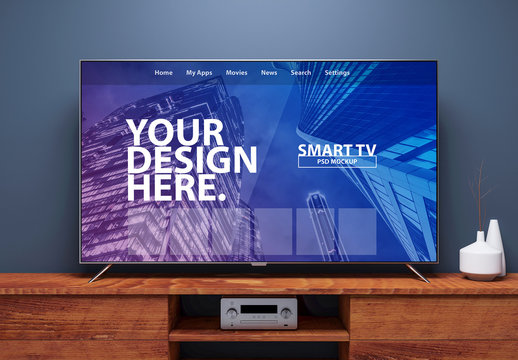 Smart TV on Wooden Console Mockup