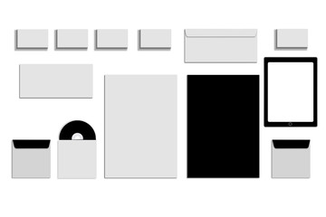 Black white and gray color mock-up of stationery, a template for brand identification on a white background. Envelopes, sheets of paper