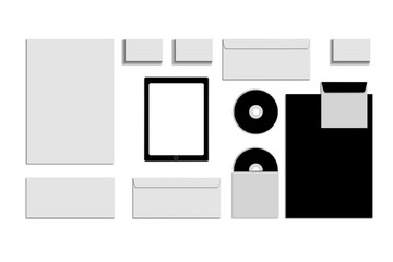 Black white and gray color mock-up of stationery, a template for brand identification on a white background. Envelopes, sheets of paper