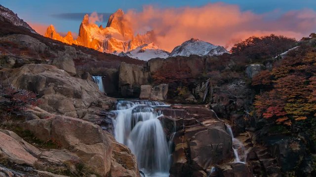Beautiful view with waterfall and Fitz Roy mountain. Patagonia