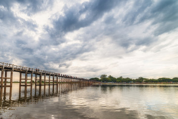 Fototapeta na wymiar U Bein Bridge, wood structure bridge near Mandalay, peaceful and beautiful site, Myanmar