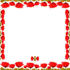 frame of bright red flowers floral garden ornament decoration framed painted watercolor isolated on white background