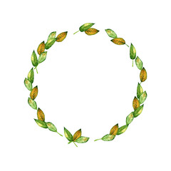 simple wreath of yellow and green autumnal summer watercolor leaves drawn objects set isolated on white background