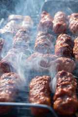 Close up pf delicious chicken breast on wooden skew with fresh vegetables, garlic, paprika fried on mangal barbeque grill