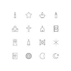 Religion linear thin icons set. Outlined simple vector icons