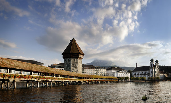 Covered pier and old fashioned buildings, Switzerland