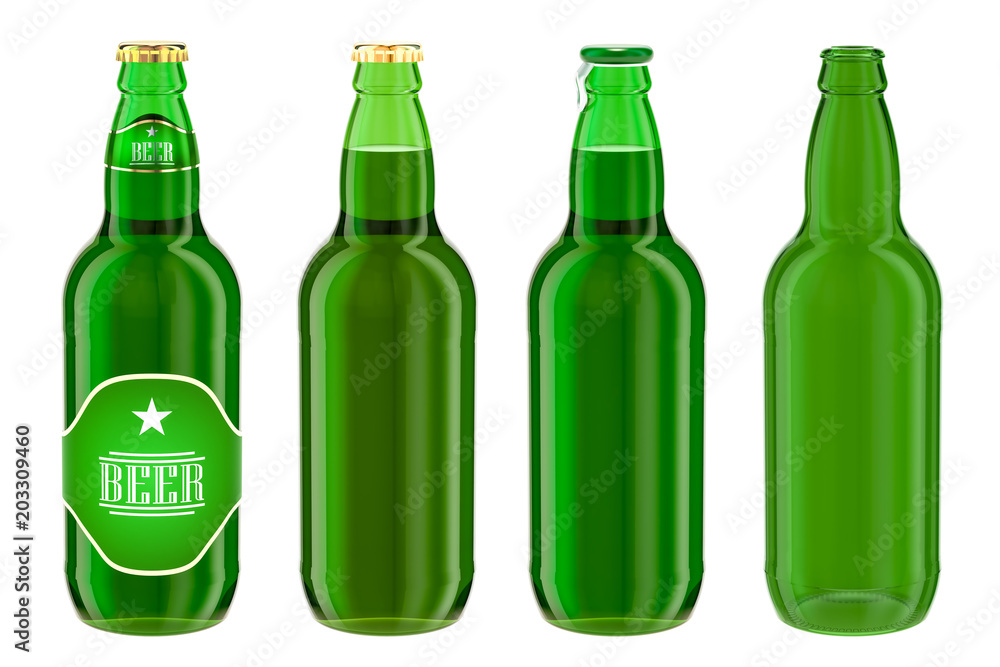 Aufkleber beer bottles with label, full and empty. 3d rendering