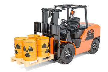 Barrels with radioactive waste on the forklift truck, 3D rendering