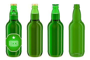 Beer bottles with label, full and empty. 3D rendering