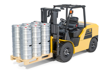 Beer metallic kegs on the forklift truck, 3D rendering