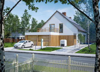 Eigenheim Elektroauto zu Hause Strom tanken modernes Leben k&uuml;hl