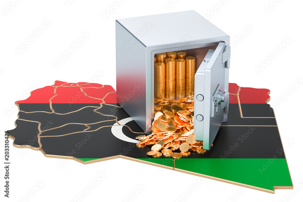 Poster safe box with golden coins on the map of libya, 3d rendering