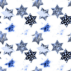 Seamless Watercolor Stars Pattern. Magic Festive Background. Hand Drawn Doodle Stars. Baby Design. Abstract Rapport for Wallpaper, Textile, Linen, Wrapping, Posters, Cards, Banner. New Year, Birthday 