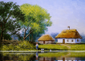 Oil paintings rural landscape. Fine art.