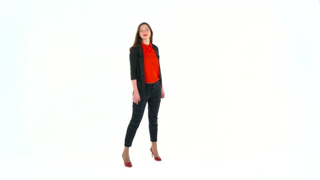 Womanl in the studio on a white background shows gestures. Copyspace for text