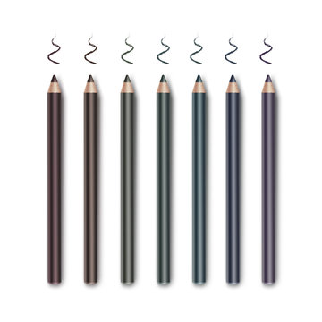 Vector set of Colored Dark Brown Vinous Blue Green Violet Purple Cosmetic Makeup Eyeliner Pencils with sample strokes Isolated on White Background