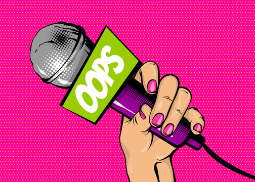 OOPS news comic text speech bubble. Woman pop art style fashion. Girl hand hold microphone cartoon vector illustration. Retro poster comimc book performance. Entertainment halftone background.