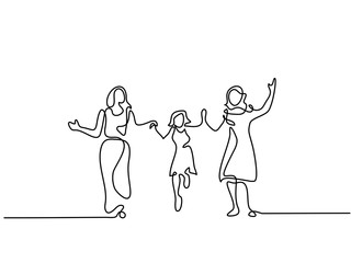 Continuous line drawing. Family with mother, grandmother and girl walking. Vector illustration. Concept for logo, card, banner, poster, flyer