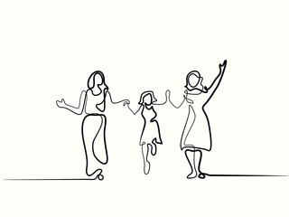 Continuous line drawing. Family with mother, grandmother and girl walking. Vector illustration. Concept for logo, card, banner, poster, flyer