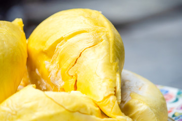 Close up Durian flesh yellow gold with sweet and delicious. Durian is king of fruit.