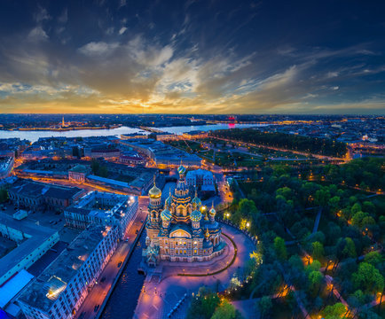 Panorama of Saint-Petersburg. Architecture of Petersburg. View of the Field of Mars and the Church of the Savior on Blood. Panorama of the city of Russia. Summer evening in St. Petersburg. 