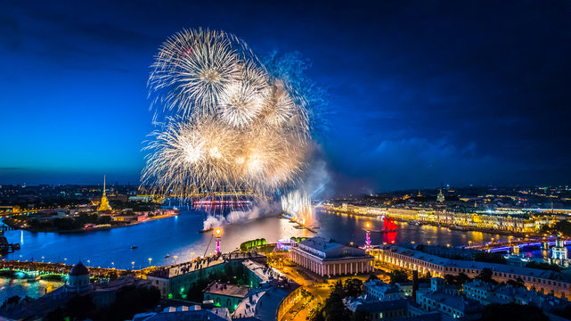 Holiday in Petersburg. Panoramic view from the city SAINT-PETERSBURG. Fireworks over Petersburg. Holidays in Russia. Scarlet Sails. Petersburg during the white nights. A sailboat with scarlet sails.