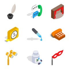 Hard work icons set. Isometric set of 9 hard work vector icons for web isolated on white background