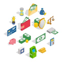 Money Icons set in isometric 3d style isolated on white background