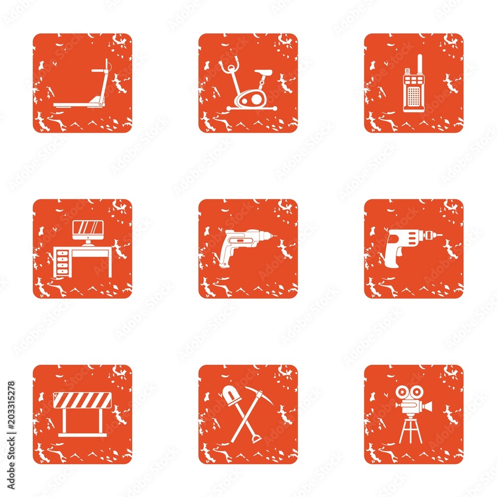 Poster working area icons set. grunge set of 9 working area vector icons for web isolated on white backgrou