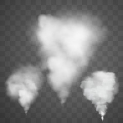 Realistic set smoke, steam on transparent background. 