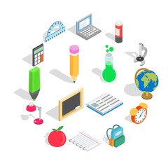 School icons set in isometric 3d style isolated on white background