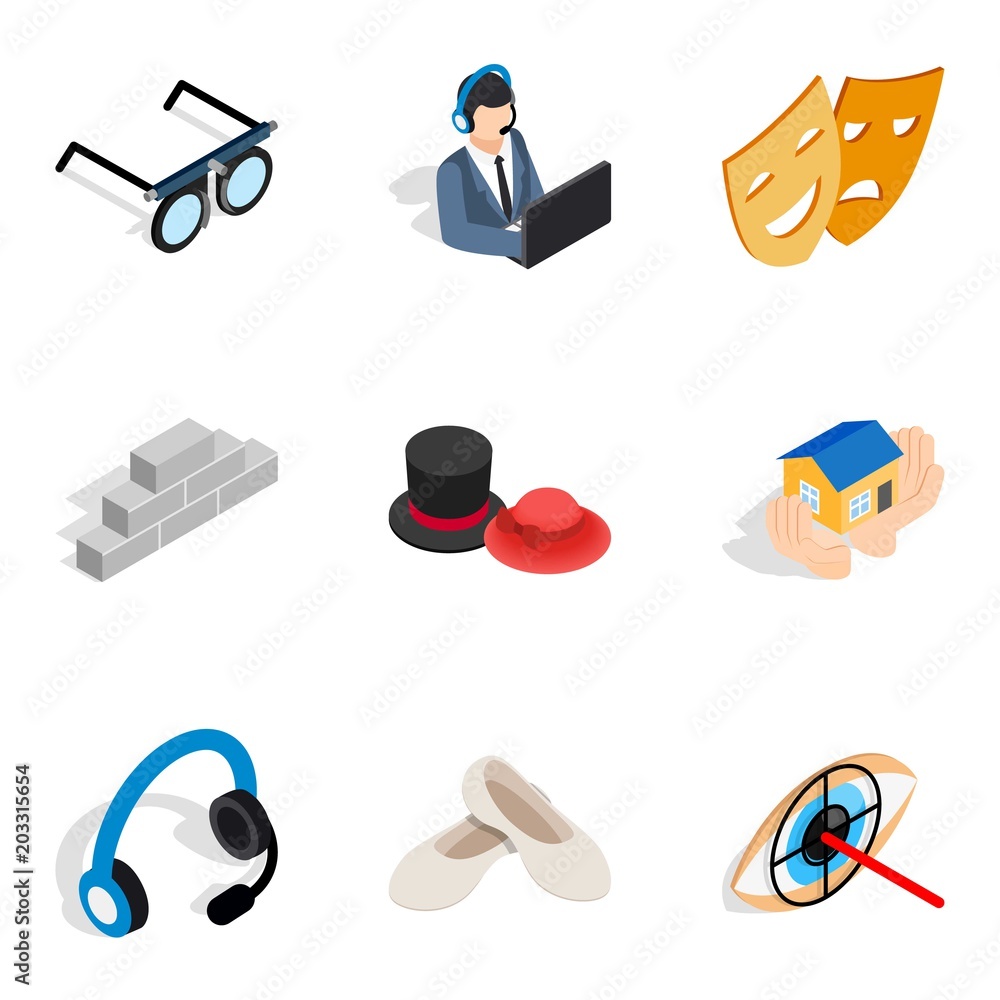 Poster trouble with work icons set. isometric set of 9 trouble with work vector icons for web isolated on w