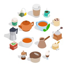 Tea and coffee set in isometric 3d style isolated on white background. Vector illustration
