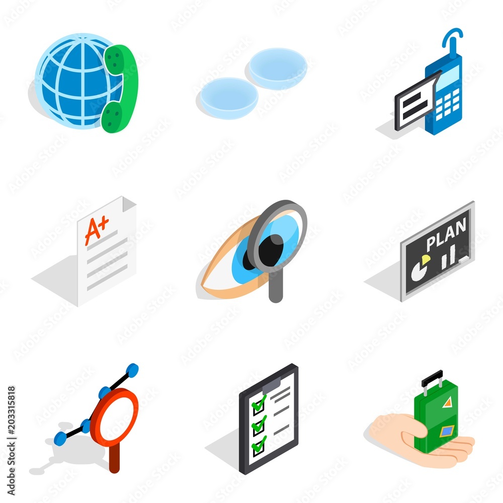 Poster trouble with job icons set. isometric set of 9 trouble with job vector icons for web isolated on whi