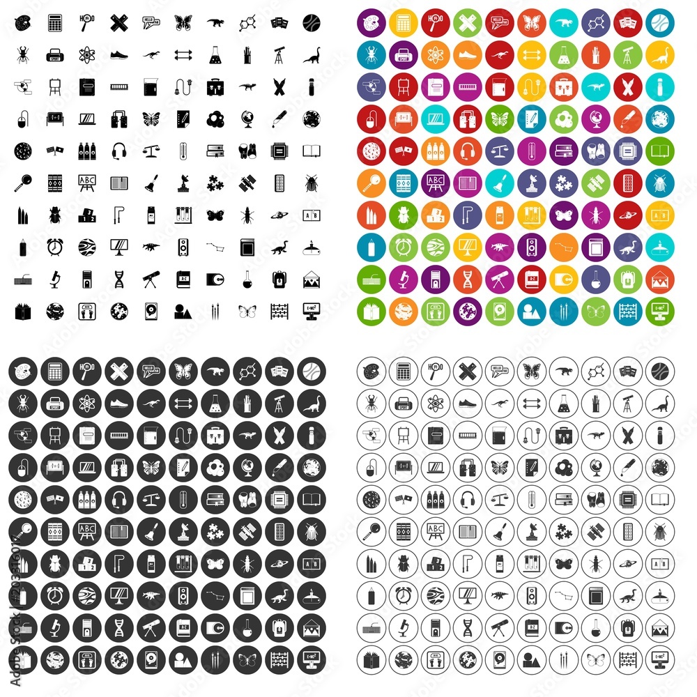 Poster 100 teaching materials icons set vector in 4 variant for any web design isolated on white