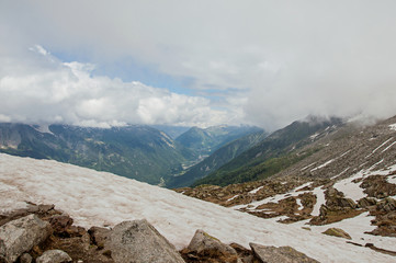 View of the Chamonix Valley from the Plan de L'Aiguille (intermediate landing on the ascent by cable cars to the Aiguille du Midi) near Chamonix. A famous ski resort located in the French Alps.