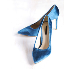 Velvet blue women high heel shoes. Velvet pumps