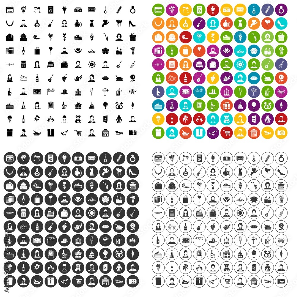 Poster 100 birthday icons set vector in 4 variant for any web design isolated on white