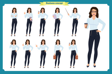 Set of  Businesswoman character design with different poses. Illustration isolated vector on white. Woman in office clothes. Business people